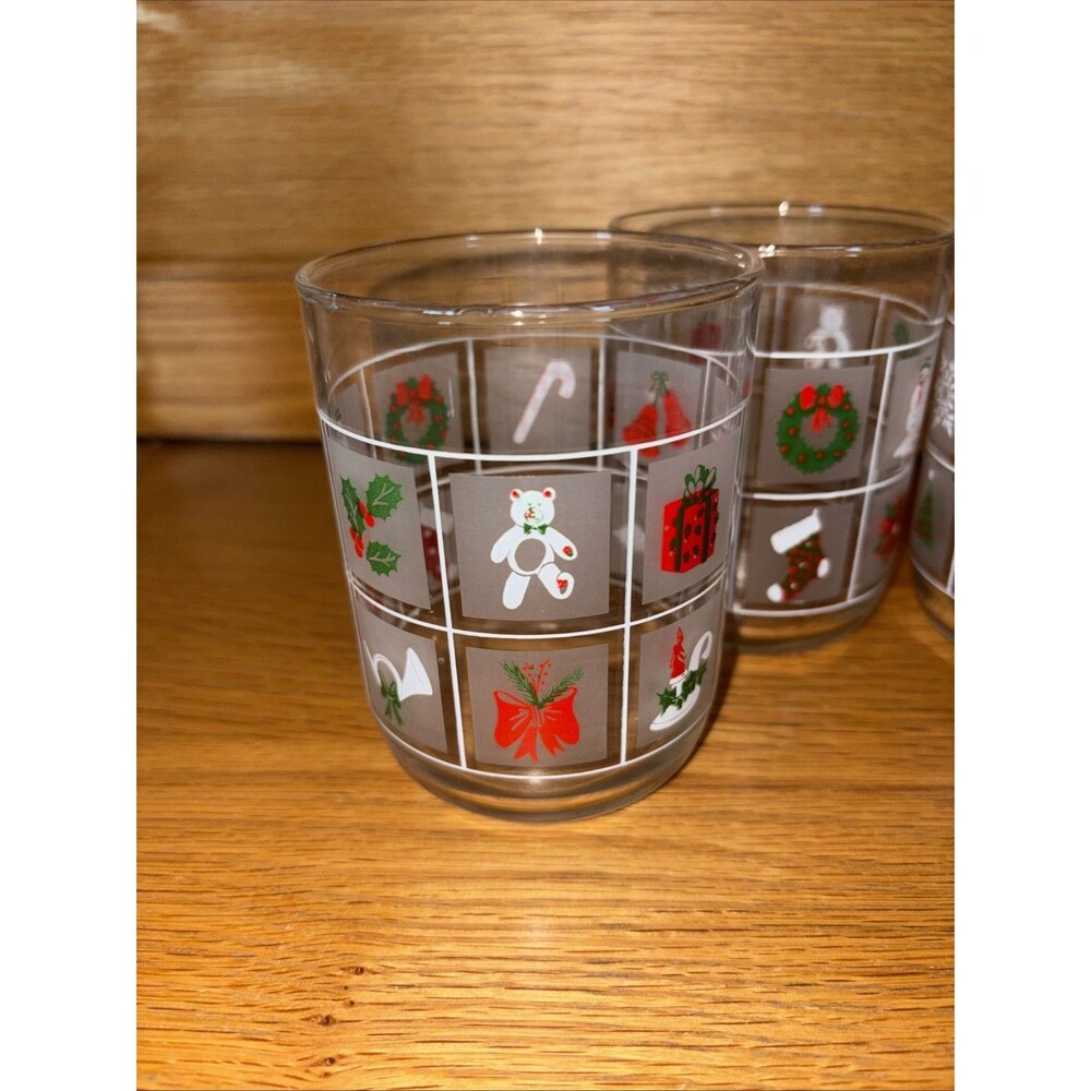 Vintage Libby Christmas Glasses Frosted Panel Low Ball 4" Whiskey Eggnog Set - Picture 3 of 5